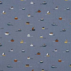 Popeline de coton bio fond bleu motifs bateaux 0521